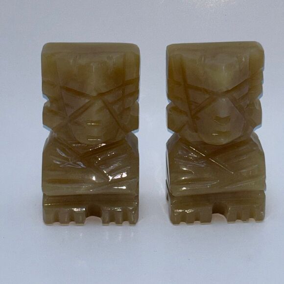 Vtg MCM mid century carved onyx Mexican Aztec/Mayan bookends alabaster stone - Picture 1 of 6